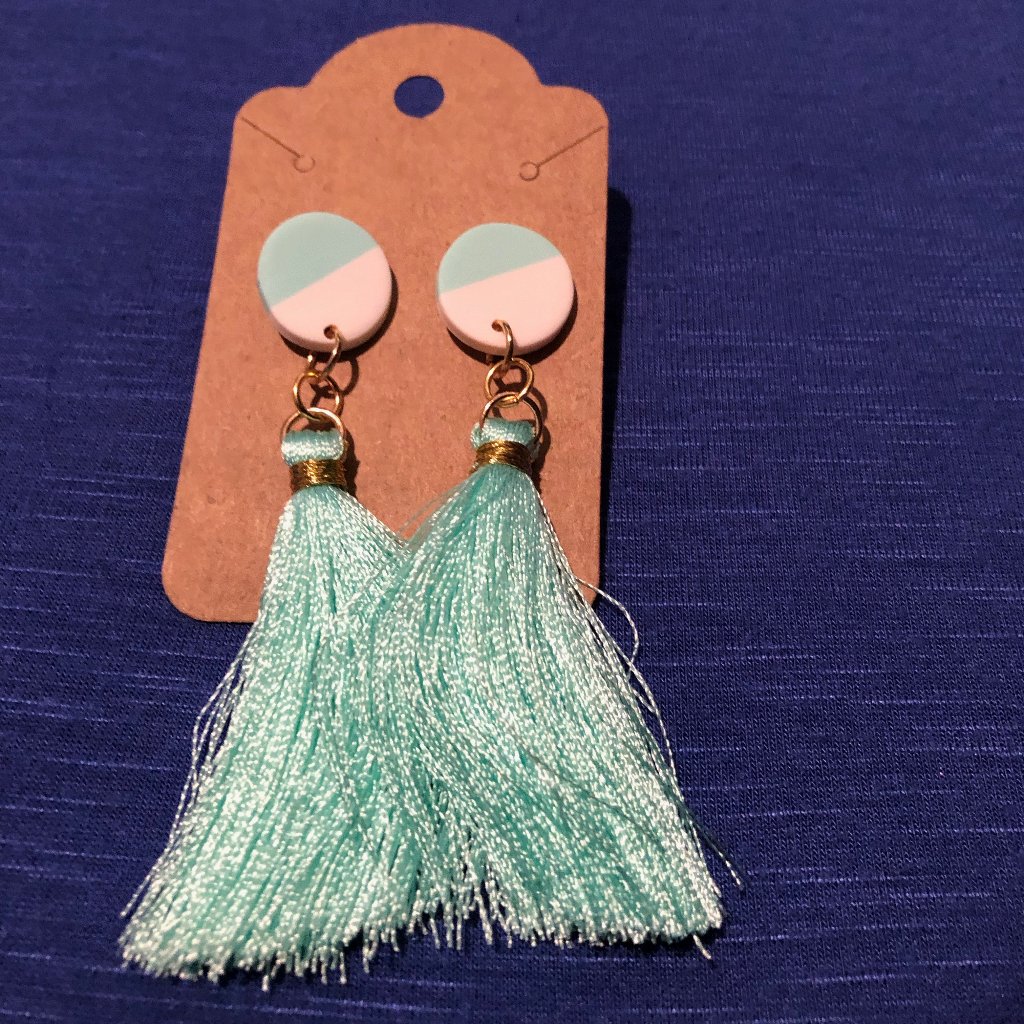 Seafoam Green Tassel And Acrylic Circle Earrings